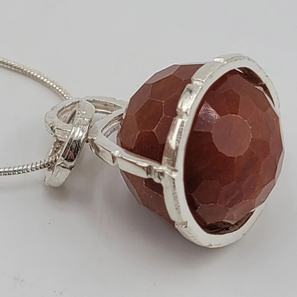 SPHERE CARNELIAN PENDANT IN STERLING SILVER METAL SNAKE CHAIN APPROX 18"